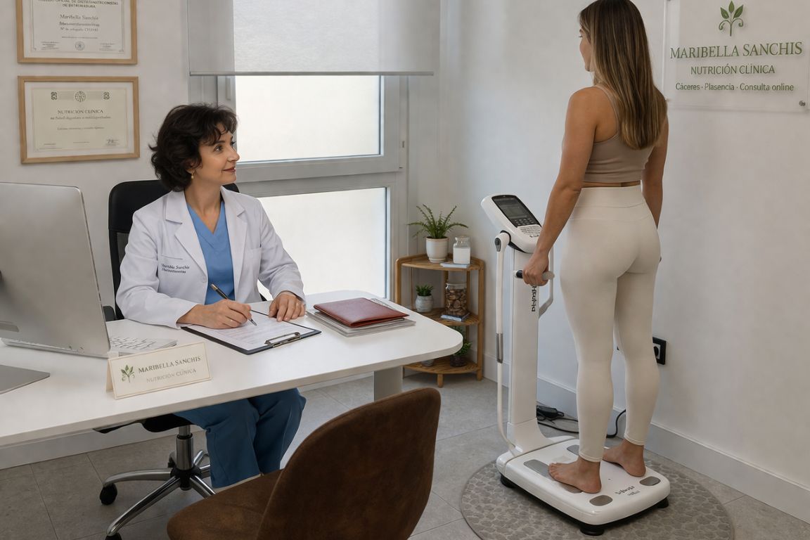 Nutricionista en Cáceres realizando estudio corporal para pérdida de peso y salud metabólica