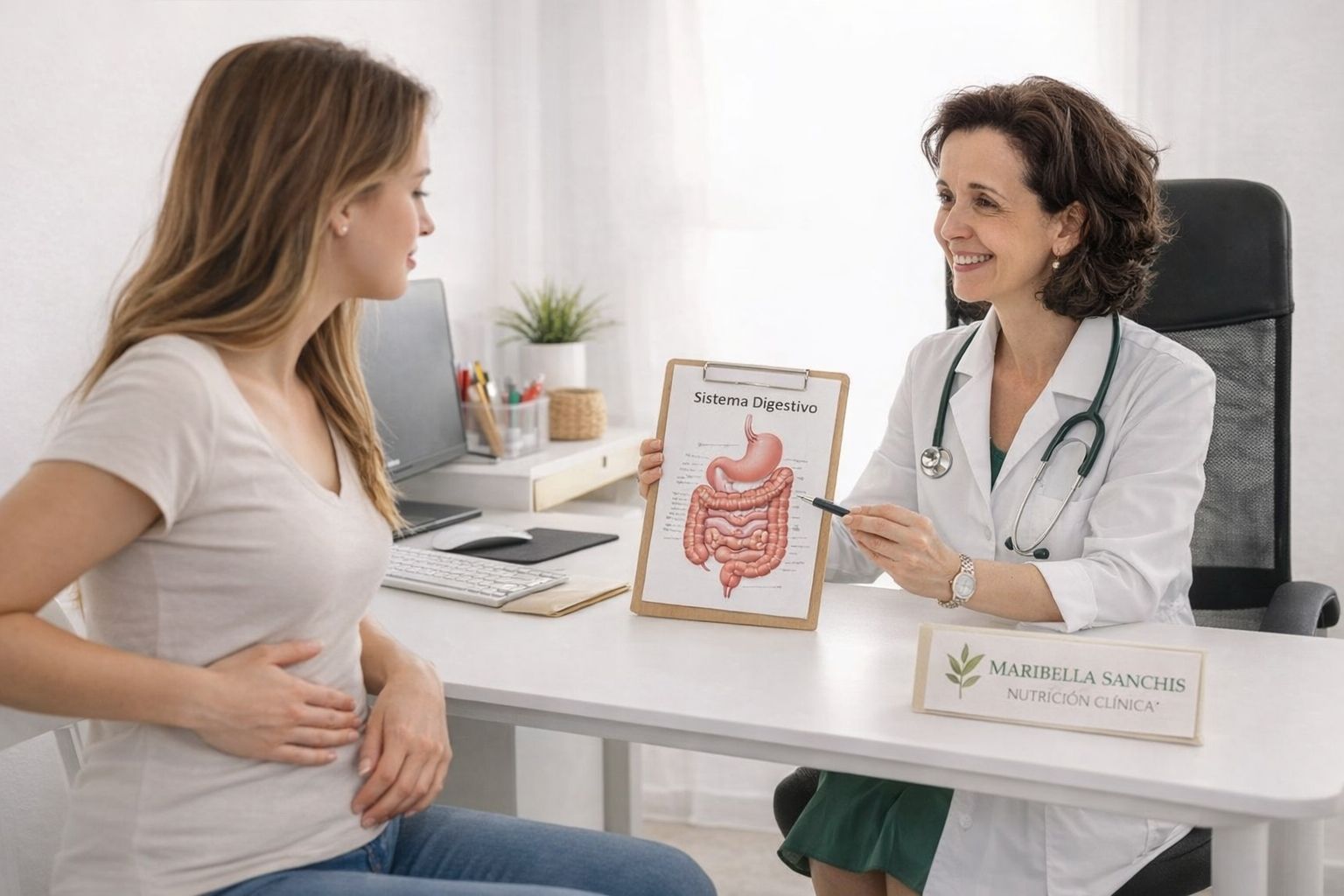 Nutricionista en Cáceres explicando síntomas digestivos y dolor abdominal en consulta