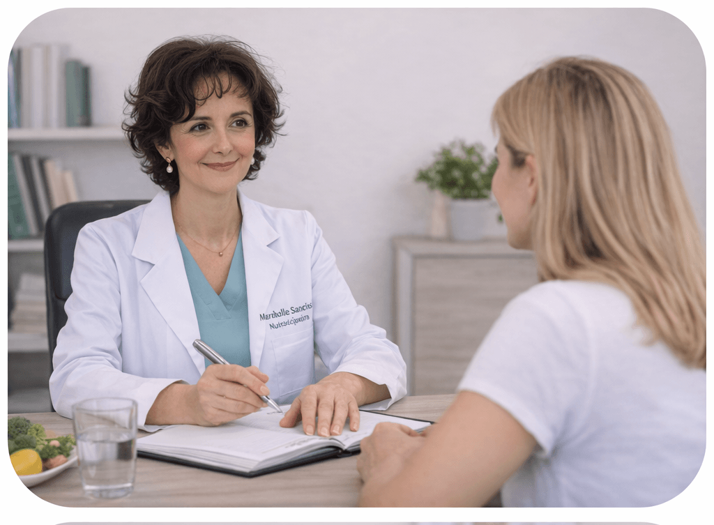 Mujer en consulta de nutricionista en cáceres especialista en endometriosis