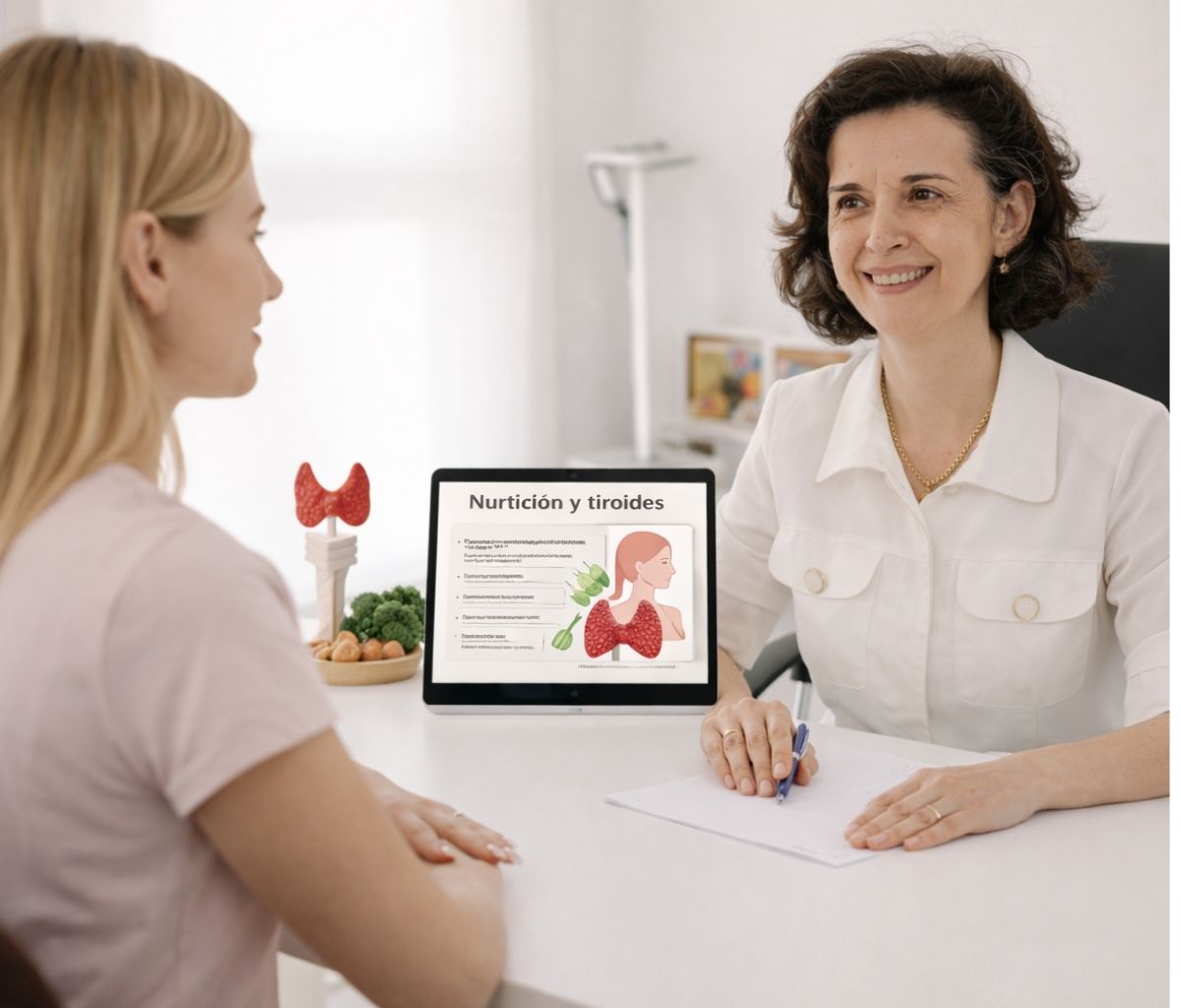 Nutricionista especializada en tiroides en Cáceres realizando consulta clínica personalizada para hipotiroidismo y salud hormonal